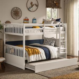 PVWIIK Full Over Full Bunk Bed with Trundle & Ladder & Safety Guardrail,Solid Wood Bunk Bed for Kids Adults Teens Bedroom,Convertible to 2 Separated Bed,No Box Spring Needed,Easy Assembly