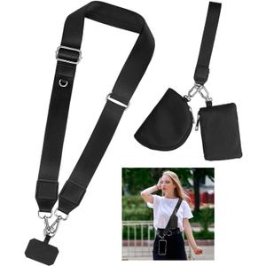 Clip and Go Phone Strap Crossbody with Zipper Wallet, 2 Pcs-Crossbody Lanyard & Wrist Strap-1 Pad, 2 Wallets, Save Girls Phone Strap with Pouch, Universal Lanyard Cellphone Holder (Black), Small