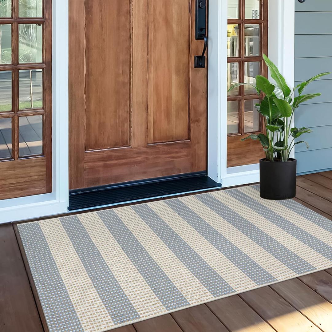OJIA Outdoor Porch Rug Front Door Mat 24'x51, Washable Checkered Blue and White Striped Front Door Rug Cotton Woven Kitchen Carpet Small Area Rug for Entryway Patio Bedroom Bathroom (2'x4.3', Muted Blue/Tan/Beige)