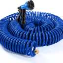 Therwen 100 ft Recoil Garden Hose, Self-coiling Lightweight Water Hose with 3/4'' Brass Connector and 8-pattern Spray Nozzle, Kink-free Spiral Hoses for Rv, Boat, Balcony and Car Washing