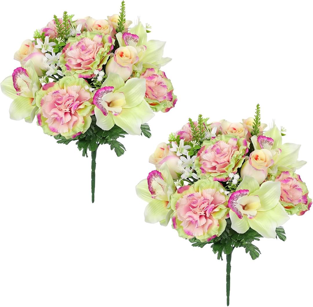 Briful Artificial Flowers Bouquet - 2 Pack Faux Silk Floral Arrangement Fake Carnations Roses Orchid Mixed Flower for Home Office Room Vase Memorial Grave Outdoor Decor