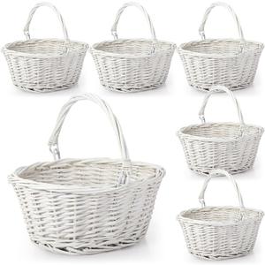 Barydat 6 Pcs Small Wicker Picnic Basket with Handle Flower Girl Baskets Oval Willow Woven Braided Gift Basket for Weddings Baby Shower Summer Home Garden Decor(9" X 7" X 4",White)