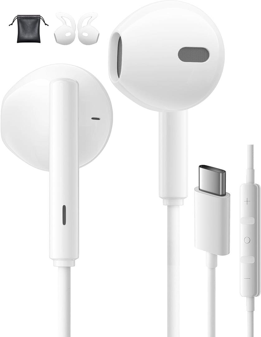 USB C Headphones Wired for iPhone 15 Pro Max 16 Pro Max 17 Plus Samsung Galaxy S24 S23 S25 Ultra S22 A55 A56 A16 Earbuds in-Ear with Microphone Volume Control HiFi Stereo Usbc Headphones Type C iPad (White)