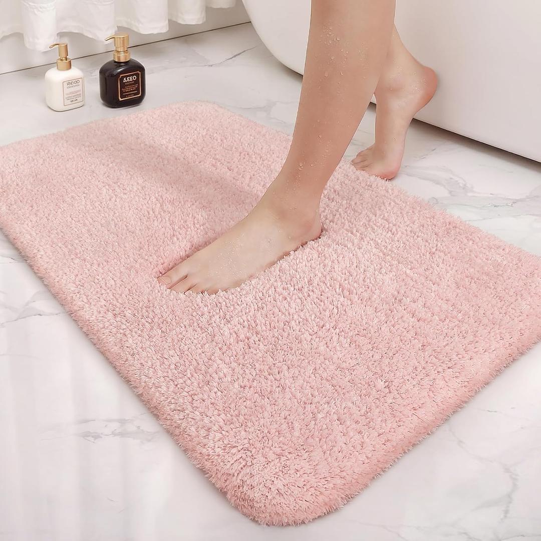 Color&Geometry High Pile Light Pink Bathroom Rugs 16"x24",Small- Upgrade Your Washroom with Soft Blush Bath Mat- Plush, Non Slip, Absorbent, Washable Microfiber Shower Rug/Carpet for Outside Tub