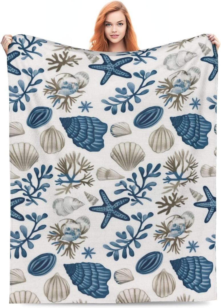 Coastal Ocean Beach Blanket Gifts for Girls Boys Kids Adults Soft Warm Lightweight Cozy Nautical Coral Seashells Throw Blankets for Bed Sofa Living Room Couch Home Decor 50"x60"