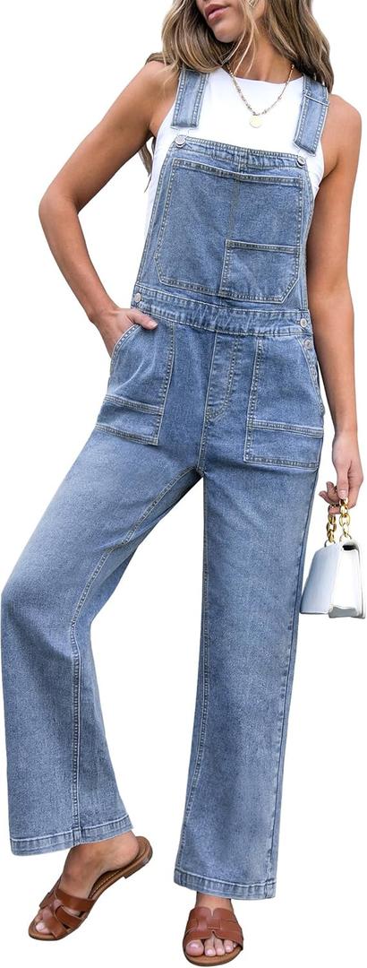 luvamia Jean Overalls for Women Straight Wide Leg Baggy Stretchy Denim Bib Adjustable Strap Casual Jumpsuit Loose Fit (Blue, L)