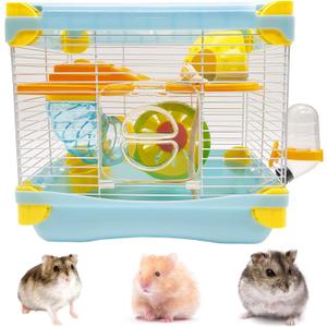 Hamiledyi Portable Hamster Cage 2 Layers Dwarf Hamster Habitat Small Animal Travel Cage with Exercise Wheel Hamster Enclosure Mouse Cage for Hamsters Mice Gerbils or Other Tiny Pets (Blue)