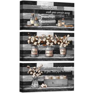 HOMEOART Bathroom Signs Farmhouse Bathroom Wall Decor Pictures Canvas Wall Art for Bath Room Decor Framed 6x12inchx3Pieces (Black)