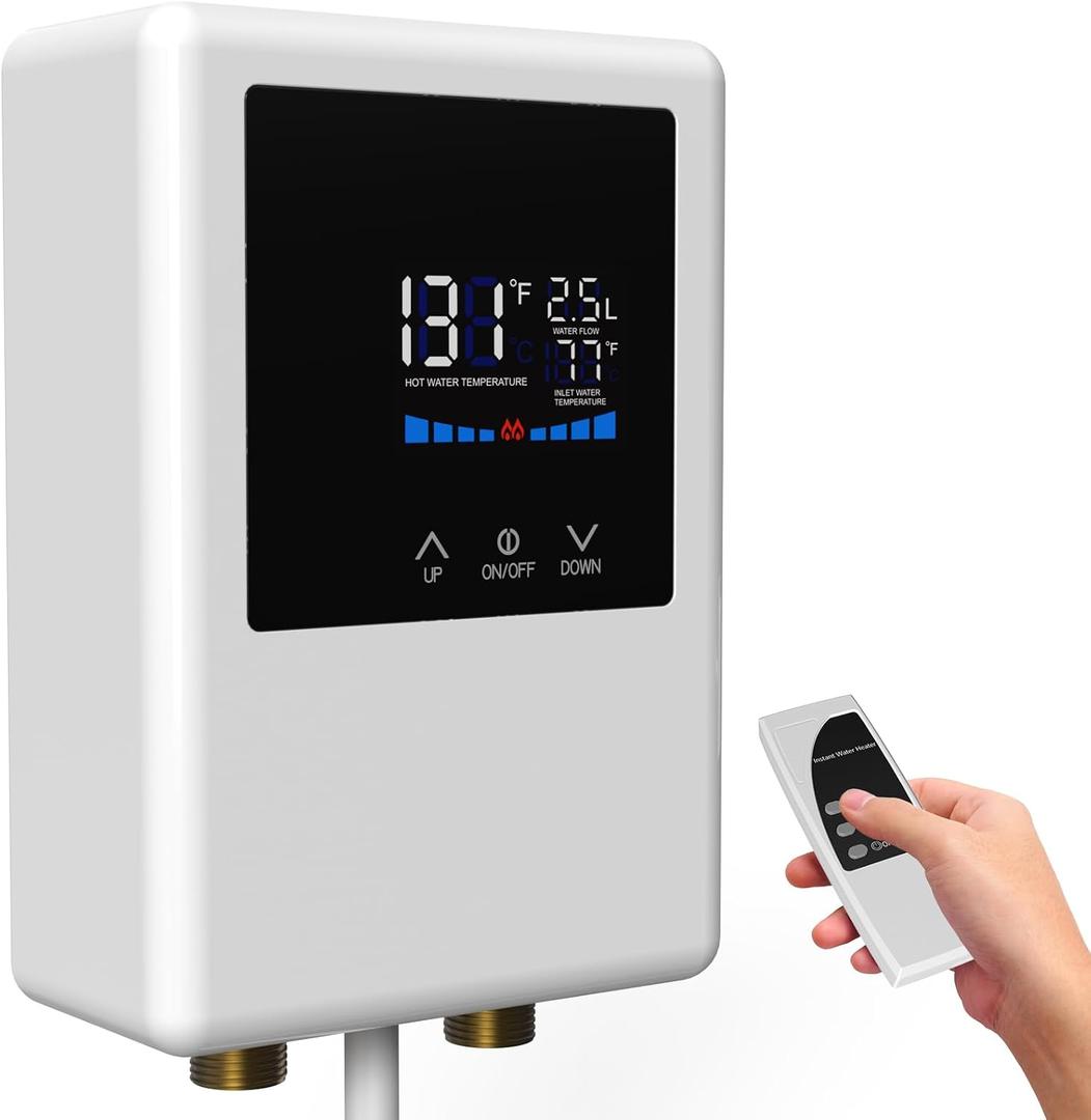 Tankless Water Heater Electric, 5500W 110V Instant Hot Water Heater with Remote Control and LCD Touch Screen on Demand, Bathroom Sink and Faucet, Save Space (White)