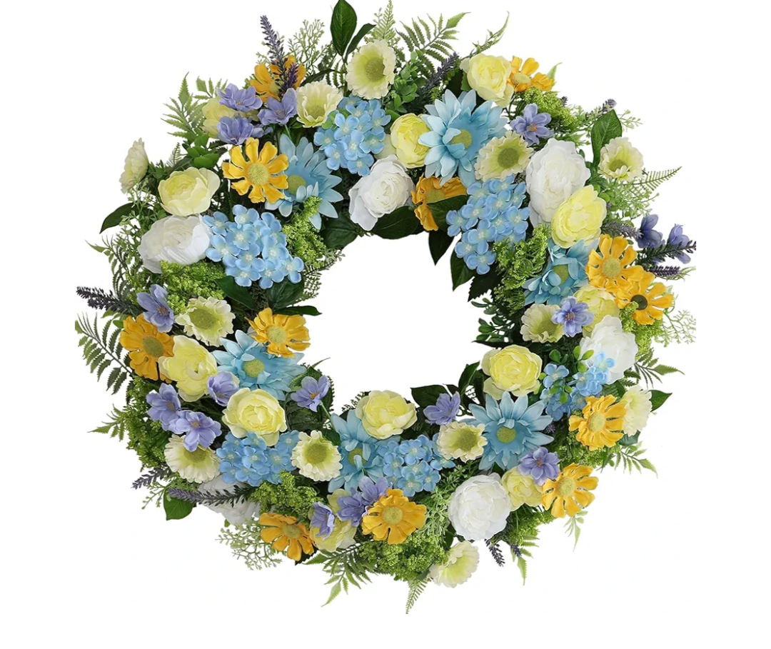 Faux Silk Flower Spring Summer Easter Wreath 24-26" for Front Door – White Ranunculus Yellow Daisy Blue Hydrangea Green Eucalyptus Leaves – Farmhouse Front Porch Wreath, Outdoor Indoor Use