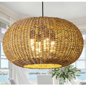 22.83in Large Rattan Chandelier Boho Wicker Hand Woven Pendant Light Farmhouse Ceiling Hanging Lighting Fixture for Living Room Kitchen Island Dining Room Hallway, 4-Lights