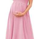 Women's 2023 Maternity Dress Summer Square Neck Smocked Long Dress Short Puff Sleeves Baby Shower Pregnancy, Pink, Medium
