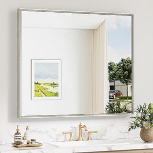 Keonjinn 42 x 36 Inch Brushed Nickel Bathroom Mirrors for Over Sink, Beveled Rectangle Framed Mirrors for Wall, Farmhouse Bathroom Vanity Mirror, Square Corner, Hangs Horizontally or Vertically