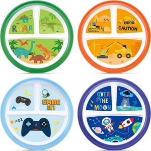 Hushee 4 Pcs 8.5 Inch Kids Dinner Plate for Kids Toddlers Girls Boys Divided Reusable 3 Compartment Dinnerware Plates for School Party Supplies(Boys)