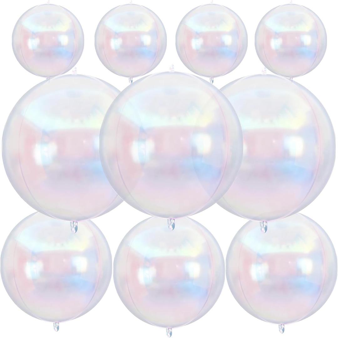 10Pcs Iridescent Round Foil Balloons, 22" 18" 10" 4D Helium Clear Balloon, Metallic Iridescent Foil Baloon for Graduation Birthday Wedding New Year 2026 Disco Anniversary Party Decorations