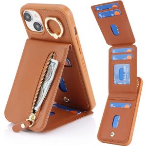 2 x for iPhone 15 Plus Case with Card Holder for Women,for iPhone 15 Plus Phone Case Wallet with Strap Credit Card with Kickstand Zipper Case for Apple15plus - Brown