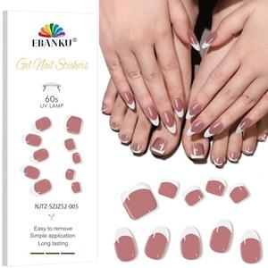EBANKU Semi Cured Gel Toenail Strips, UV Nail Stickers for Toes, French Sheer Jelly Nude Pink Long-Lasting Manicure Strips With Nail File & Stick, Works With UV Lamps, Set of 5