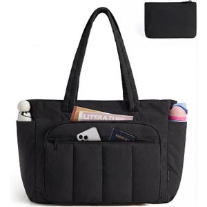 BAGSMART Tote Bag for Women, 2 Set Tote Bag with Zipper, Quilted Nurse Handbags for Work Travel College | 20L Capacity, 15.6'' Laptop Bag, with Cosmetic Bag, Carry on Bag, Nurse Gym Bag (Black)