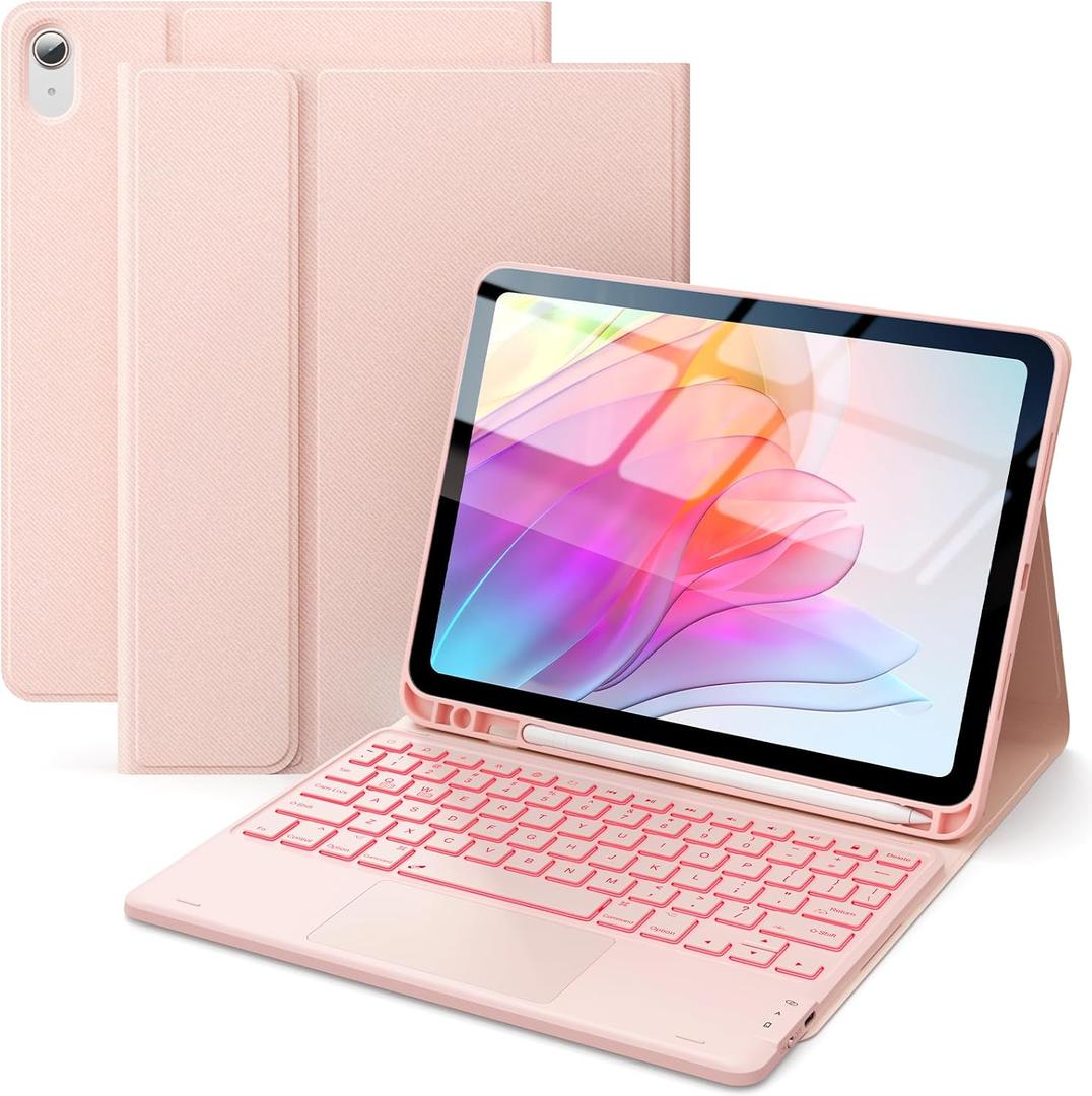 CHESONA for iPad 10th Generation Case with Keyboard, 7 Color Backlight, Multi-Touch Trackpad, Flip Stand Case with Pencil Holder, 2 Wireless Channels for iPad (A16) 11th/10th Gen 2025/2022, Pale Pink