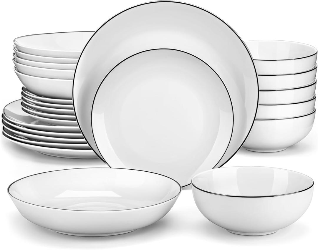 MALACASA 24-Piece Gourmet Porcelain Dinnerware Sets, Modern White with Black Rim Round Dish Set for 6 - Premium Serving Plates and Bowls Sets for Dessert, Salad, Soup, Pasta - Series Amelia 