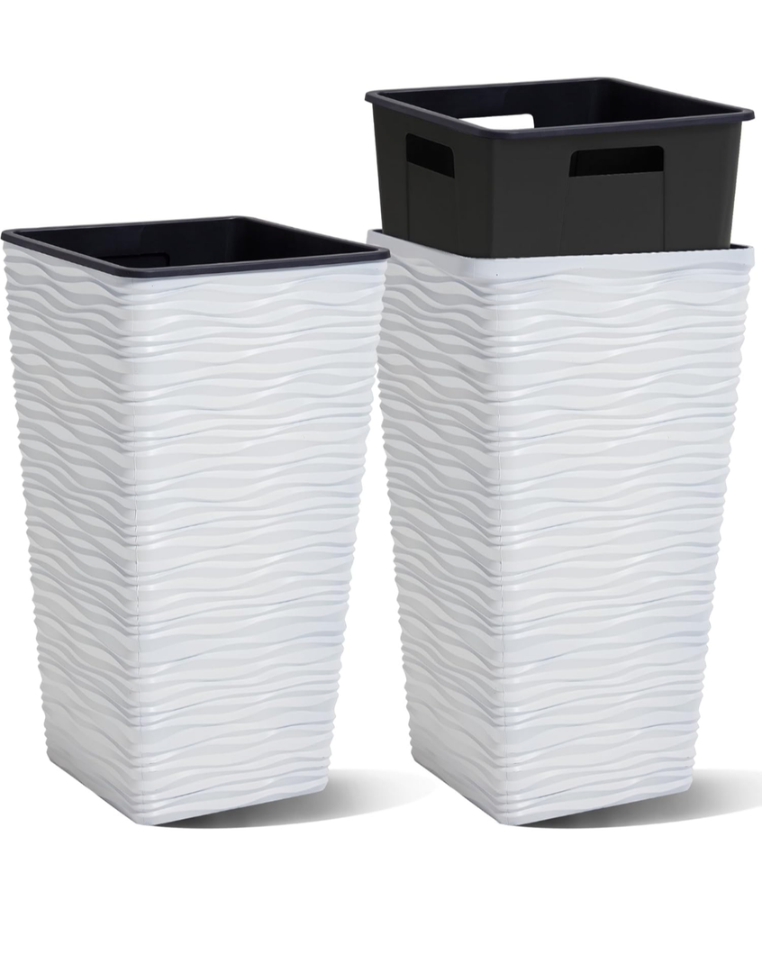 2-Pack 22" H. White Square Tapered Planter with Inside Pots - Plastic Plant Pots for Indoor Outdoor - Modern Wavy Finish Decorative Flower Pots for Front Porch Containers Patio Deck