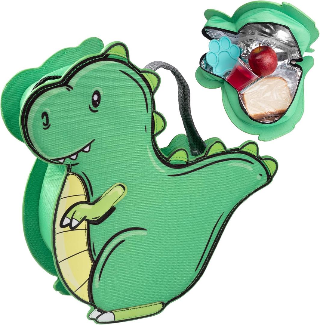 Kid's Insulated Dinosaur-Shaped Lunch Box w Strap- Keeps Food Hot or Cold For Hours- Reusable Bag Fits Ice Packs, Bento Containers, Thermoses Easily- Make Back to School Lunches Fun for Boys & Girls