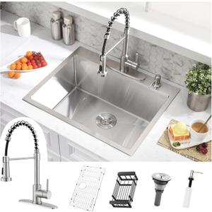 25 Inch Drop In Kitchen Sink with Faucet - 25x22 Single Bowl Kitchen Sink and Faucet Combo Set, 10 Inch Deep Modern Stainless Steel Top Mount Sink with Accessories, 25x22x10 Inch