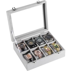 Frebeauty 8-Slot Watch Box,Velvet Watch Case with Glass Lid,Watch Organizer Box for Men and Women,Lockable Watch Storage,Watch Display Case,Ideal Gift(Grey)