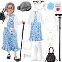 9 pcs Old Lady Costume for Kids,100 Days of School Costume Old Lady Wig for Girls, Granny Grandma Dress Up (8-10 yr, Blue)