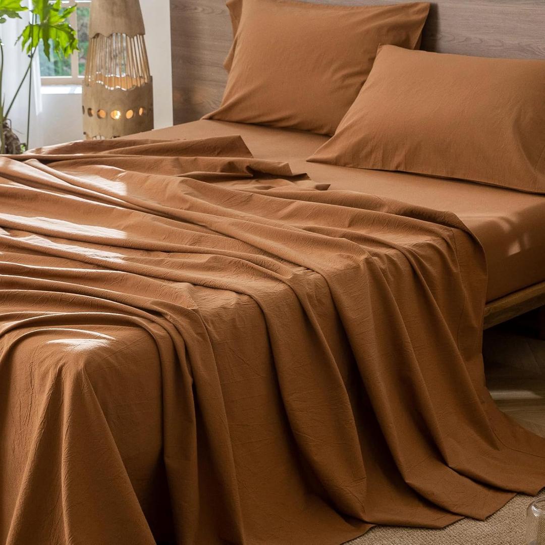 MooMee Flat Top Sheet Only 100% Washed Cotton Linen Like Textured Breathable Durable Soft Comfy (Dark Orange, Queen)