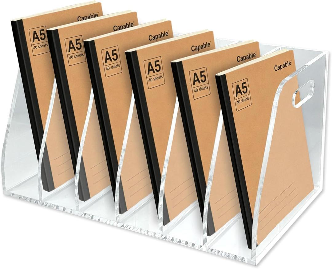 6-Tier Clear Acrylic File Holder, Vertical Document Organizer for Magazines, Binders, Notebooks & Envelopes - Multi-Purpose Desk Storage for Home OfficeB5,6 Sections