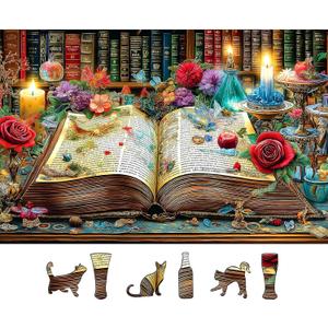 Books Jigsaw Puzzles 500 Pieces, Vintage Magic Flowers Library Puzzle for Adults Challenging for Game Nights Family Fun Decoration, Finished Size 23 x 15 inch