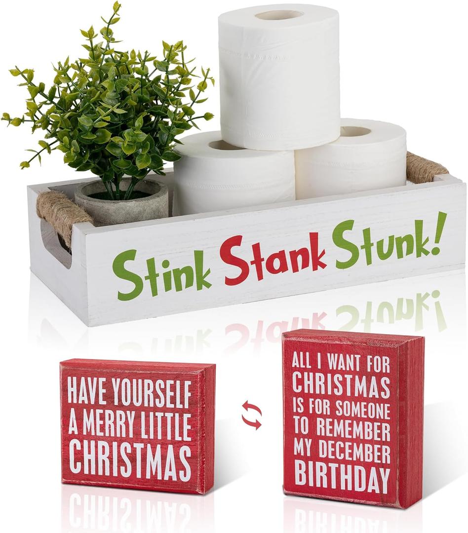 Double-Sided Christmas Funny Bathroom Decor with Double-Sided Sign, Stink Stank Stunk Box, Toilet Paper Storage Basket, White Wood Tank Tray Organizer with Handles for Christmas Decorative