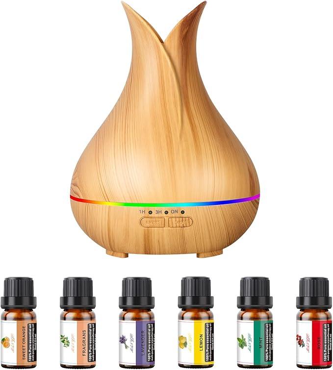Aromatherapy Diffuser with Essential Oils Included, 150ml Small Cute Aroma Diffuser with 15 Color LED Light&3 Times, Waterless Auto Off Essential Oil Diffusers for Home Bedroom (Wood)