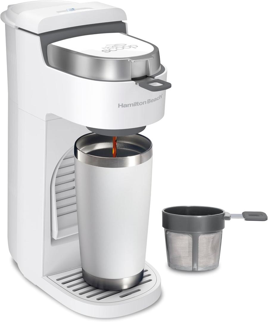 Hamilton Beach 47621 The Scoop Single Serve Coffee Maker & Fast Grounds Brewer for 8-14oz. Cups, Brews in Minutes, Next Gen, White