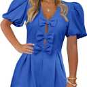 Cicy Bell Womens Cute Rompers Bow Front Puff Sleeve V Neck Short Jumpsuits Sexy Summer Outfits with Pockets (Blue)