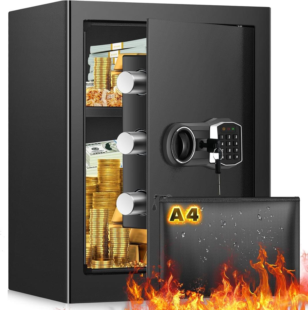 3.3 Cub Home Safe Fireproof Waterproof, Large Fire proof Safe Box with Fireproof Bag, Digital Keypad Key and Removable Shelf, Personal Security Safes for Home Money Jewellery Documents Valuables