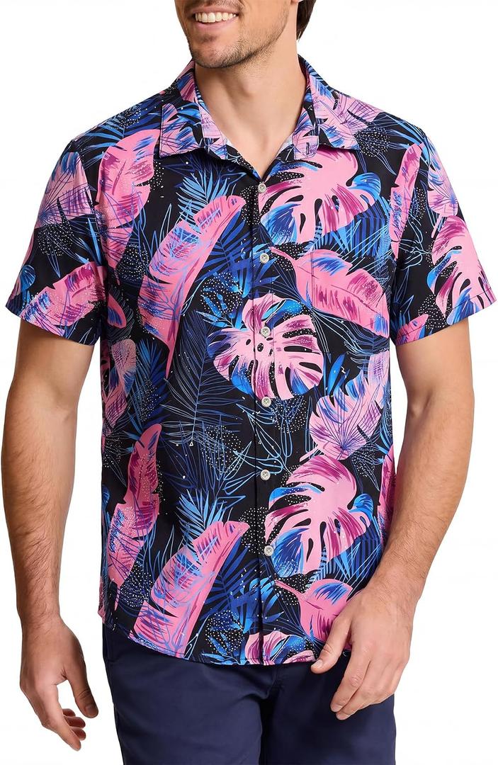 KYKU Men's Hawaiian Shirt Short Sleeve Button Down Beach Shirt with Pocket (Pink, M)