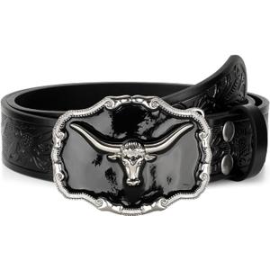 Western Leather Belt for Men Black Cowboy Buckle Belt for Jeans Vintage Country Belt (33-36)