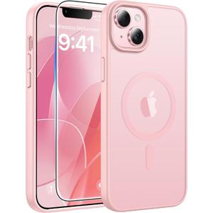 FNTCASE for iPhone 15 Plus Case: for iPhone 14 Plus Case [Compatible with Magsafe] Translucent Matte Cases with [Screen Protector] Military Grade Shockproof Protective Phone Cover - Light Pink