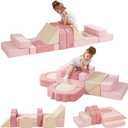 Foam Climbing Toys for Toddlers, 13pcs Climb and Crawl Activity Playset, Soft Play Climbing Blocks for Toddlers, Indoor Crawling Sliding Toys, High-Density Foam Play Structures for Playroom (Pink & Beige)