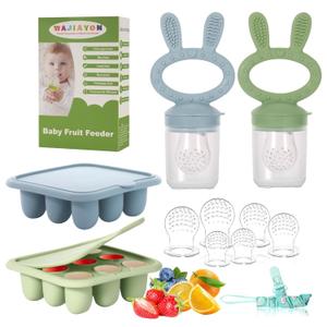 WAJIAYON Easter Bunny Baby Breastmilk Popsicle Molds & Baby Fruit Feeder, Infant Food Freezer Tray Storage Containers, Silicone Teething Pacifier Feeder and Teether for Babies, Silicone Feeder (Green)