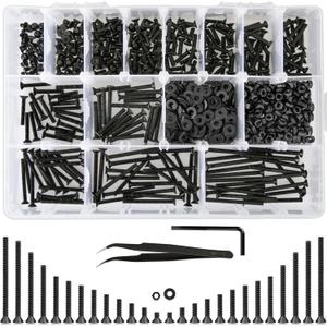 1023Pcs M3 Screw Assortment 13 Lengths 4mm to 40mm, Hex Socket Flat Head 10.9 Alloy Steel Nuts and Bolts Assortment Kit, Metric Machine Screws and Nuts, Washers, Black