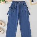 Hilinker Girls Bow Knots Baggy Jeans Cute Elastic Waist Straight Leg Denim Pants with Pockets (Blue, S)