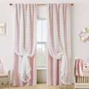 Pink Blackout Curtains for Bedroom Nursery 2 Panels,Sheer White Overlay Pom Pom Floral Ruffle Cute Coquette Aesthetic Room Decor for Baby Girl Teen (50"W x 84"L (Pack of 2))