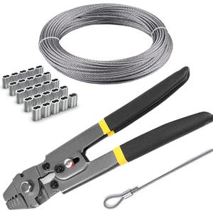 Stainless Steel Wire Cable Crimping Tool Kit, Cutter &Crimper Plier, 100FT 304 Wire Rope, 100pcs Aluminum Sleeves Stops Complete Kit (1/64'' Stainless Steel Cable Kit)