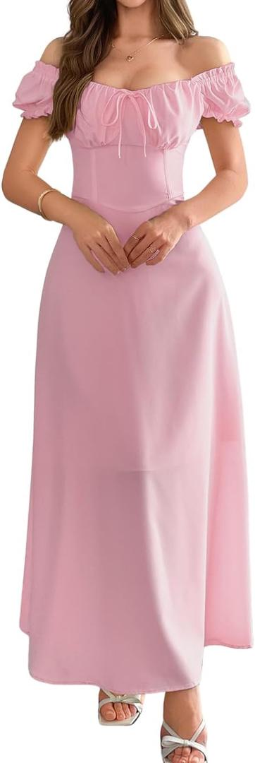 ChiaoLezhee Off Shoulder Maxi Dress, Flowy A Line, Spring Tea Party, Wedding Guest Square Neck Drop Waist Renaissance Vintage (Light Pink) X-Large