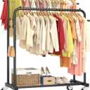 Laiensia Double Rods Garment Rack with Wheels, Clothing Rack for Hanging Clothes,4 Hooks, Multi-functional Bedroom Clothes Rack, Black