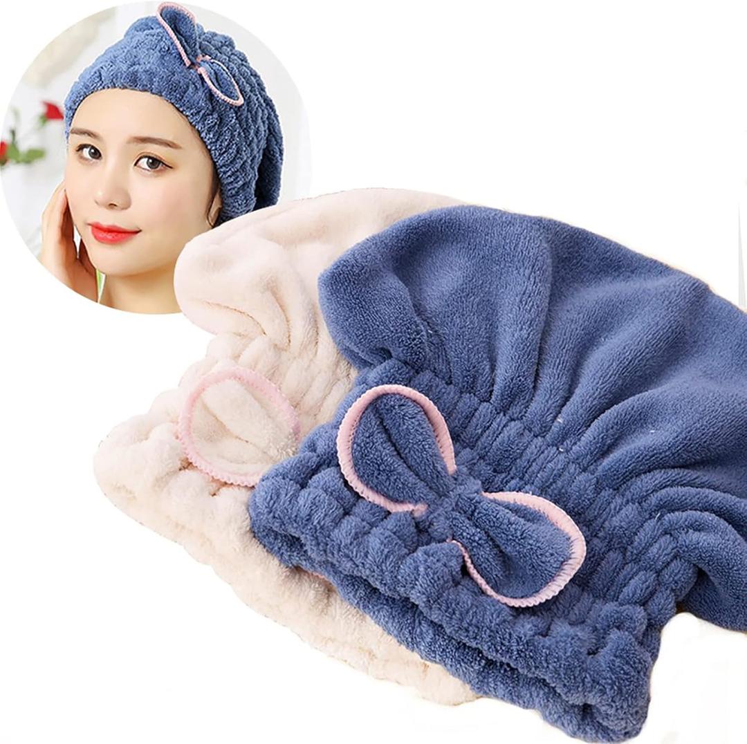 Jseng 2PC Microfiber Hair Drying Caps, Extrame Soft & Ultra Absorbent, Fast Drying Hair Turban Wrap Towels Shower Cap for Girls and Women (Blue+beige)