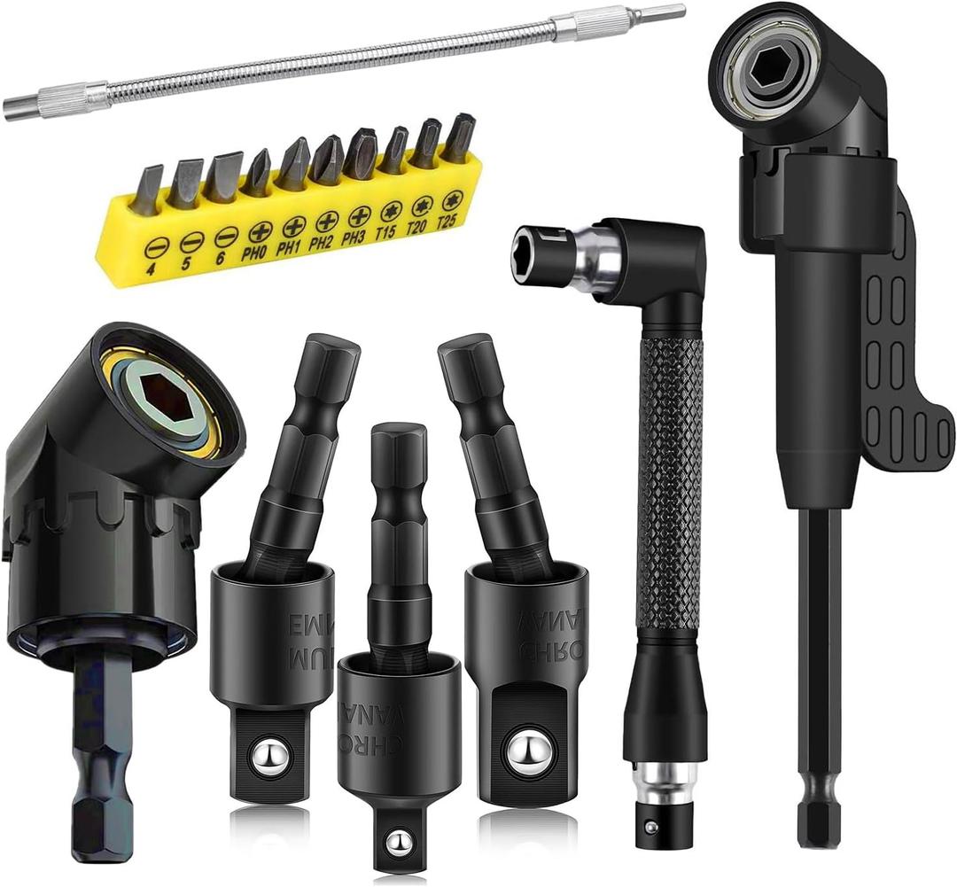 17Pcs Tools Flexible Drill Bit Extension,Include 3Pcs Rotatable Socket Adapter 2Pcs Hex Shank 105 Right Angle Drill Attachment 10 Short Screwdriver Bits 90 Angled Bits & Bendable Drill Bit Extension (16*black)